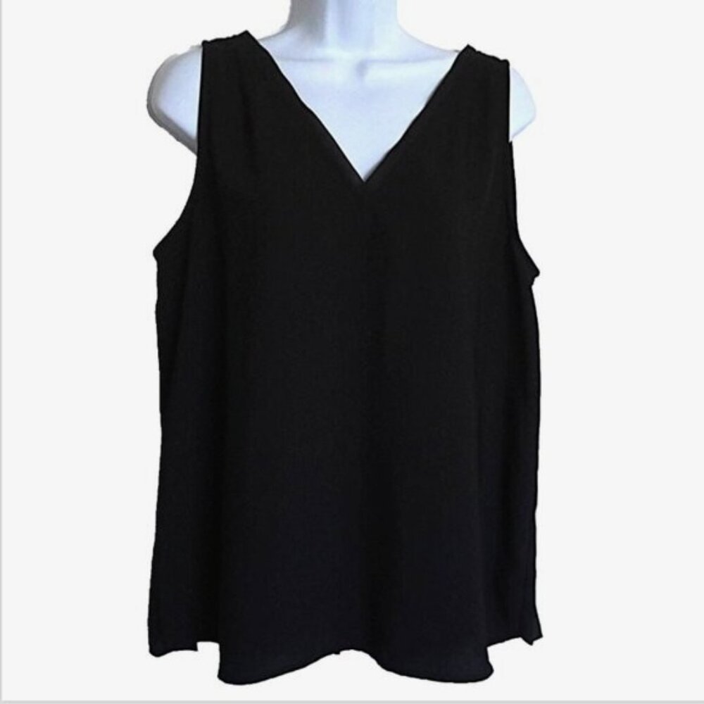 Ann Taylor Factory Top Black Double V Neck Mesh Trim Sleeveless Shell EUC Sz L